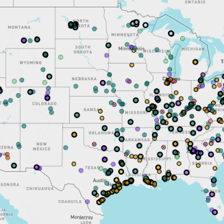 A screenshot of a Polluter Pass Map showing places that have been granted pollution exemptions in the U.S.
