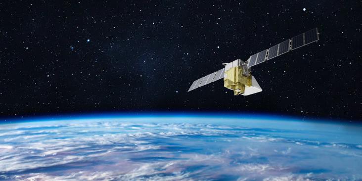 A rendering of Methane SAT flying over the Earth