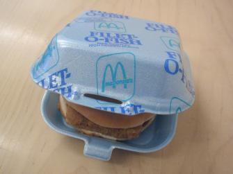 Sandwich in a McDonald's foam clamshell.